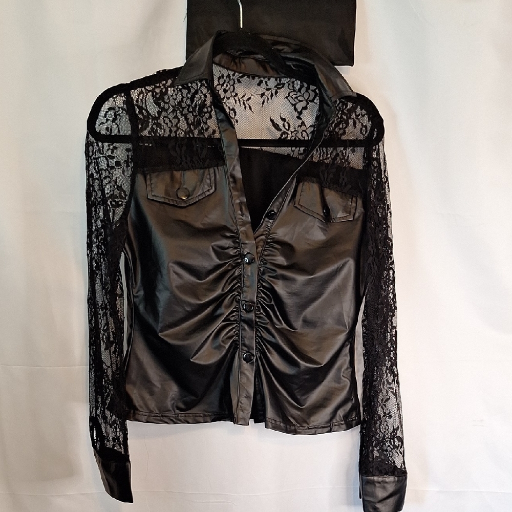 Black Lace-Panel Ruched Satin Blouse
